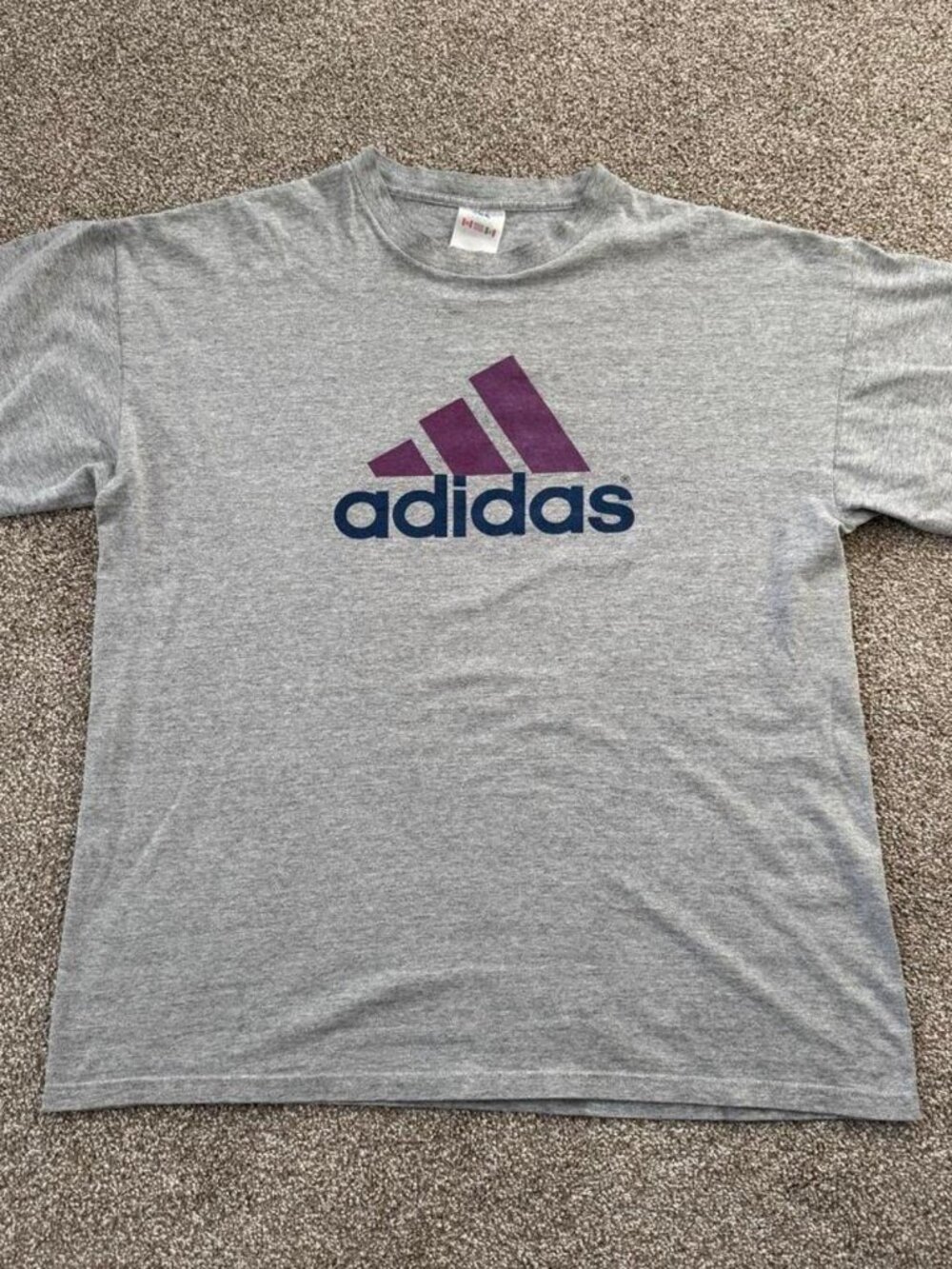 Vintage Adidas Gray Graphic T-Shirt with Purple Logo Men's XL